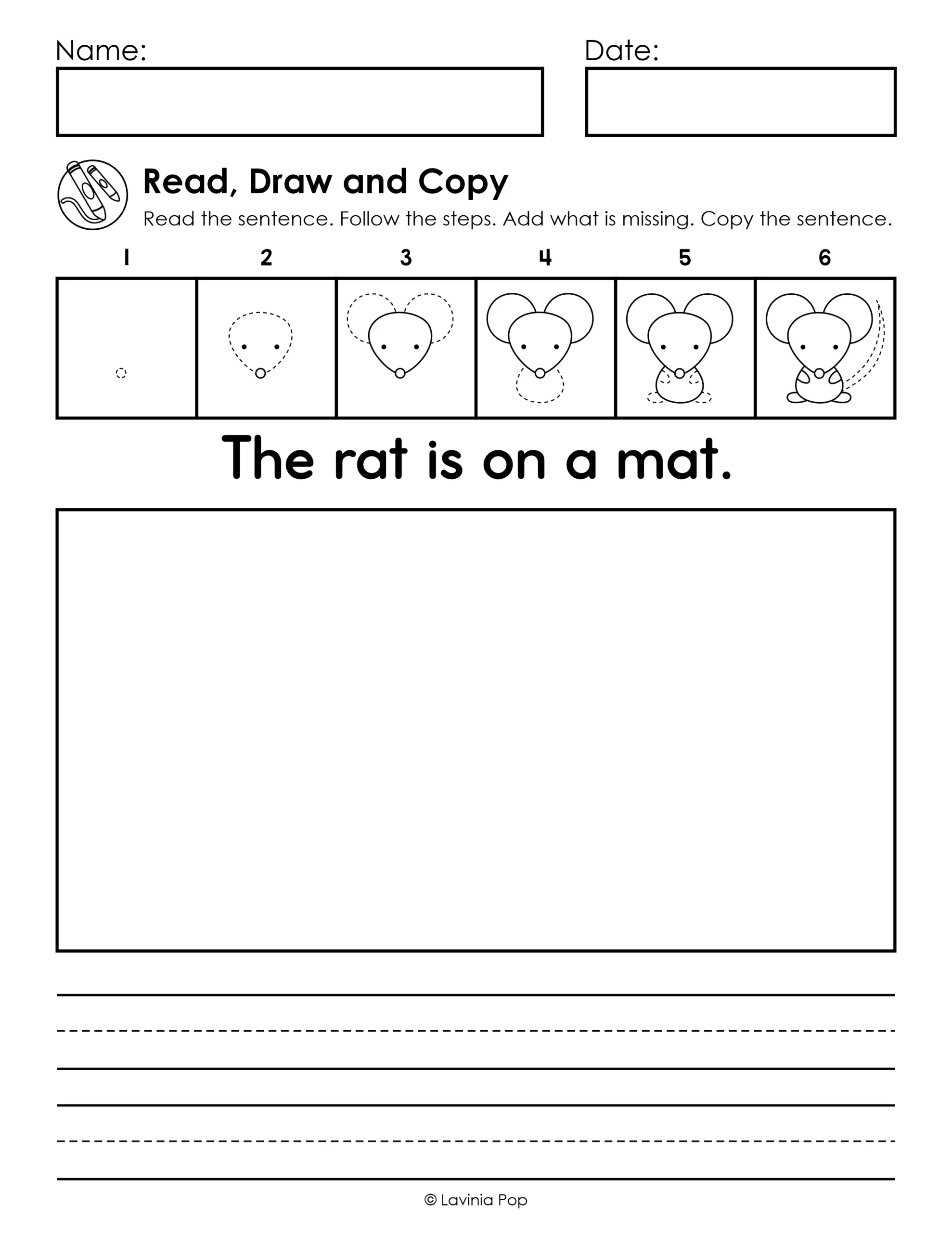 Rat drawing and copying worksheet for kindergarten and first grade, with the sentence “The rat is on a mat.” and handwriting lines.