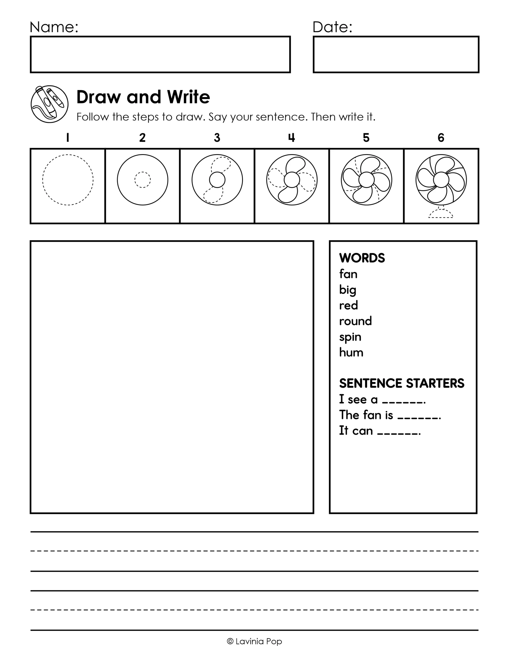 Fan drawing and writing worksheet for kindergarten and first grade, with six drawing steps, a word bank, and three sentence starters.