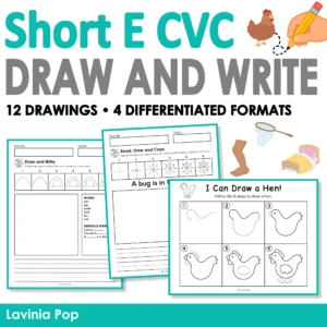 Short E CVC Directed Drawing and Writing activities with 12 pictures and four formats for spelling and sentence writing.