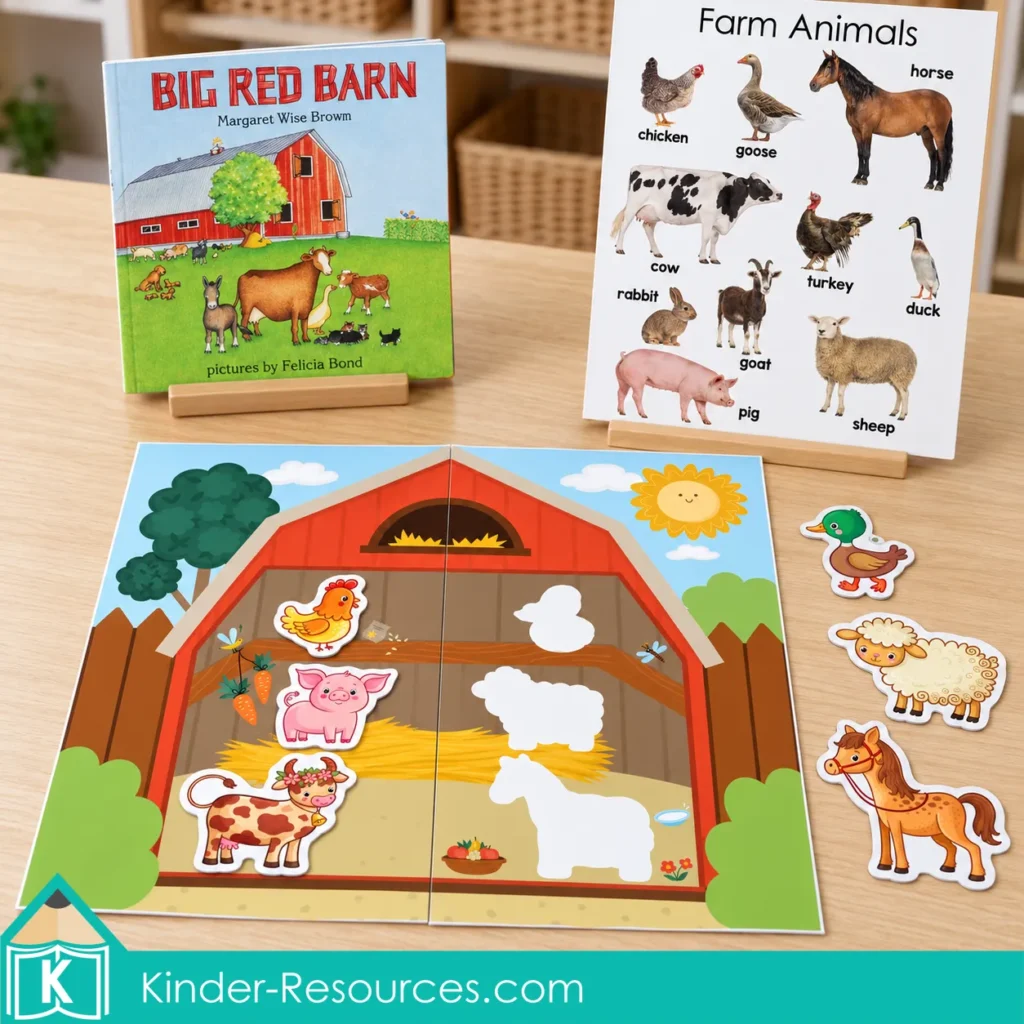Big Red Barn beside a Farm Animals photo poster and a barn matching mat with movable animal pieces.