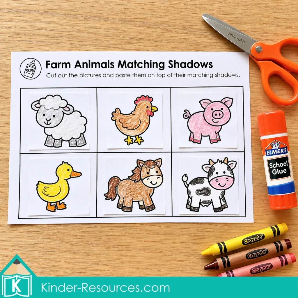 Completed farm animal shadow matching worksheet with six colored animal cutouts glued over their matching silhouettes.