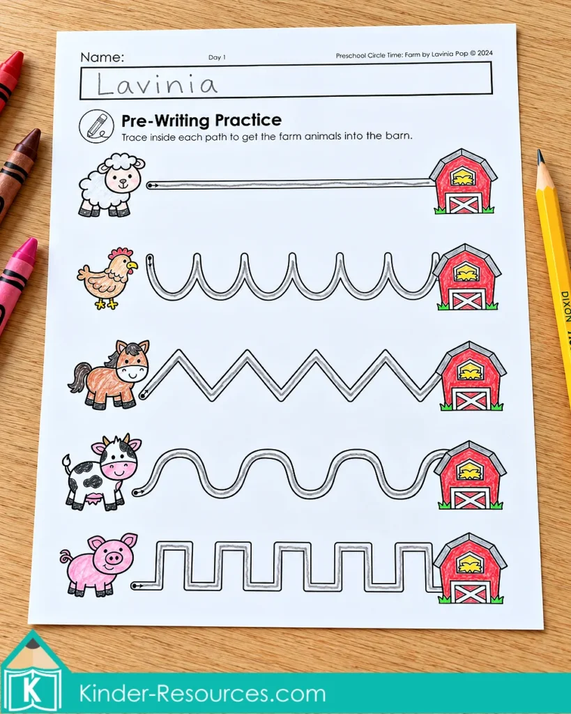 Completed farm pre-writing worksheet with five traced paths leading from colored farm animals to red barns.