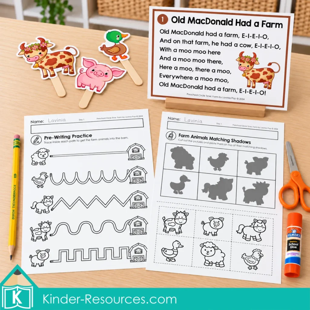 Old MacDonald song poster with cow, pig, and duck stick puppets, pre-writing paths, and an animal shadow matching worksheet.