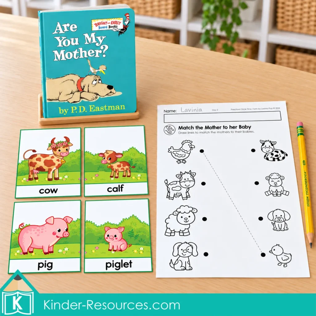 Are You My Mother? with cow-and-calf and pig-and-piglet cards beside a mother and baby animal matching worksheet.