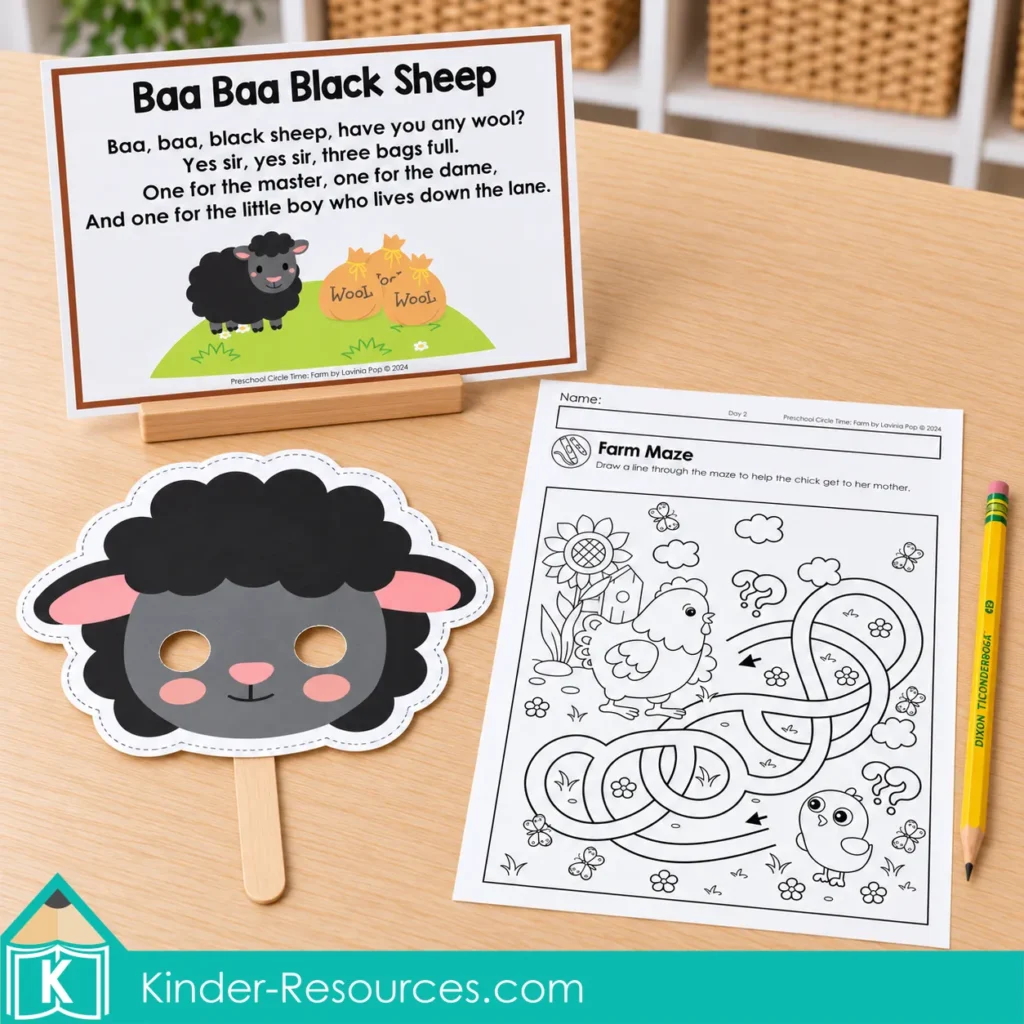 Baa Baa Black Sheep song poster, sheep mask on a craft stick, and a farm maze connecting a chick with its mother.