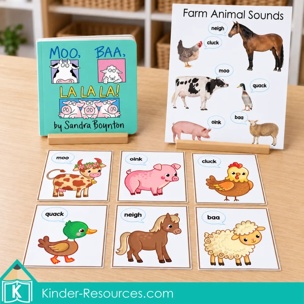 Moo, Baa, La La La! beside a Farm Animal Sounds poster and six cards showing animals with their sounds.