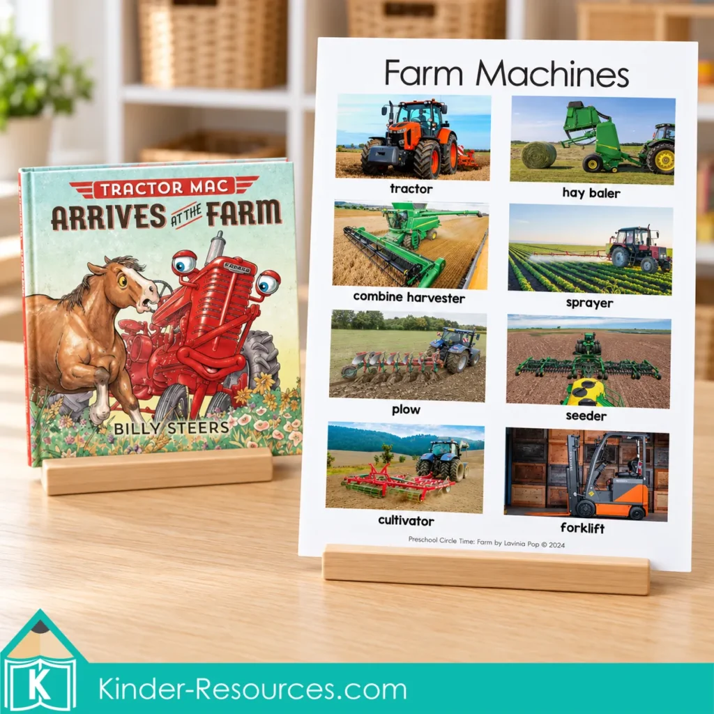 Tractor Mac Arrives at the Farm beside a Farm Machines poster showing eight labeled photographs of farm equipment.