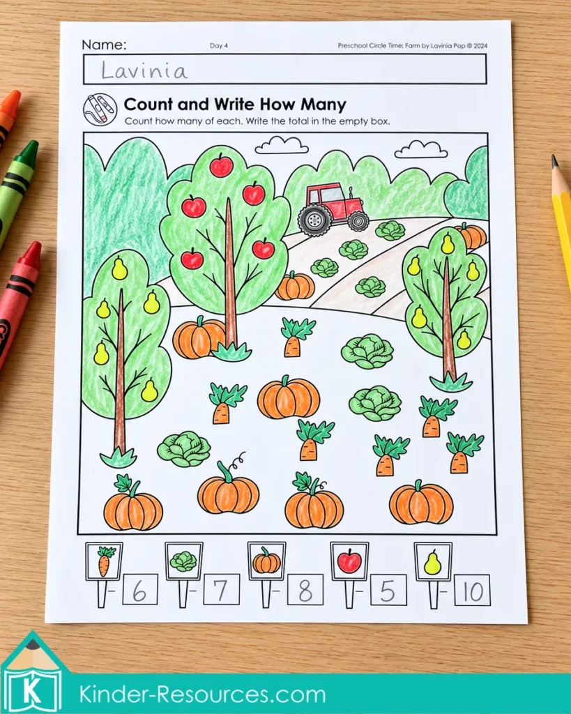 Completed farm count-and-write worksheet with colored carrots, cabbages, pumpkins, apples, and pears and handwritten totals.