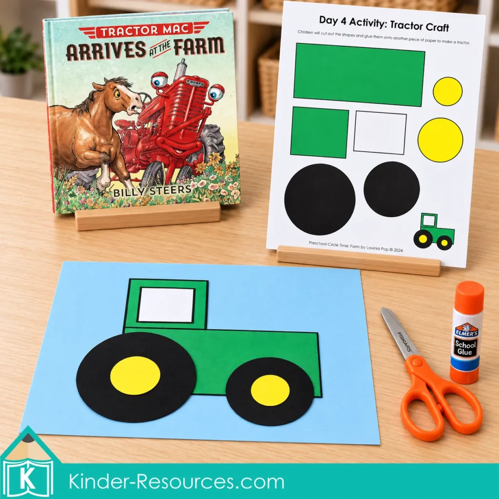 Green paper tractor with black wheels and yellow centers on blue paper, beside its shape template and a Tractor Mac book.