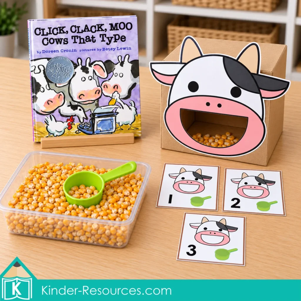 Cow feeding box with dried corn, a green scoop, number cards 1 to 3, and the book Click, Clack, Moo: Cows That Type.