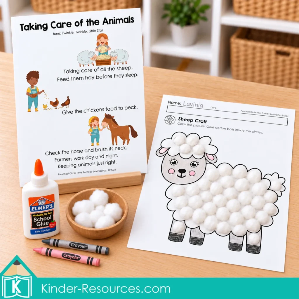 Taking Care of the Animals song poster beside a completed cotton-ball sheep craft, glue, cotton balls, and crayons.
