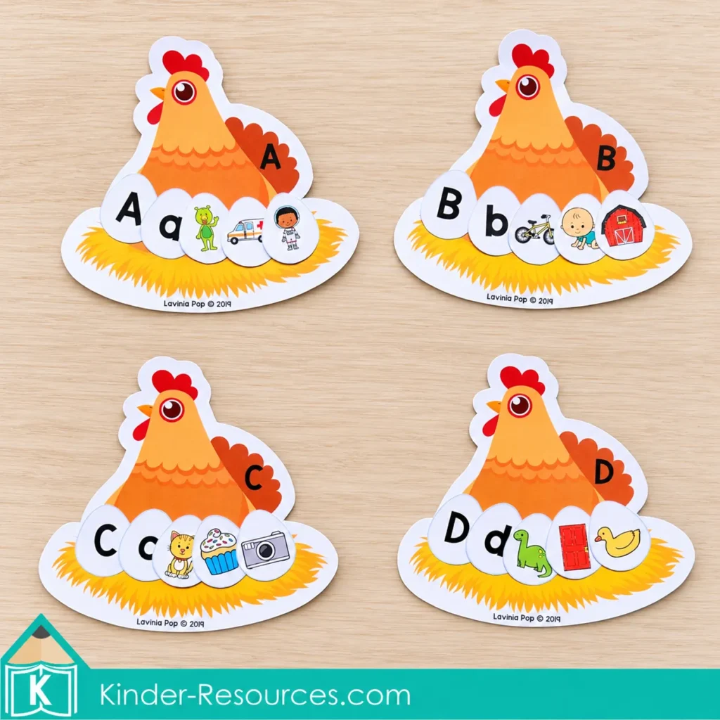 Chicken alphabet mats for A through D with letter eggs and picture eggs sorted by beginning sound.