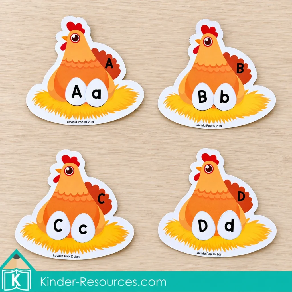 Four chicken alphabet mats for A, B, C, and D with matching uppercase and lowercase letter eggs in their nests.