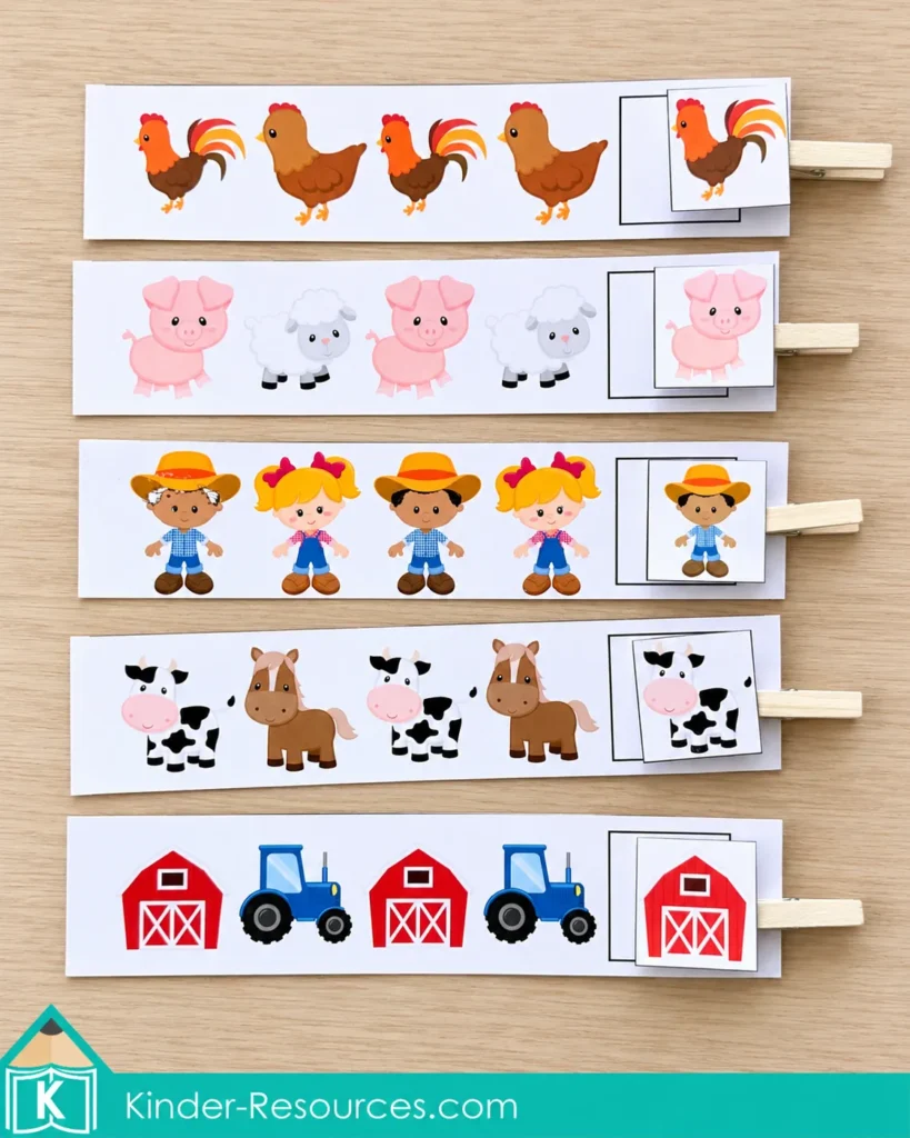 Five farm picture strips show alternating AB patterns, with clothespin picture cards completing each sequence.