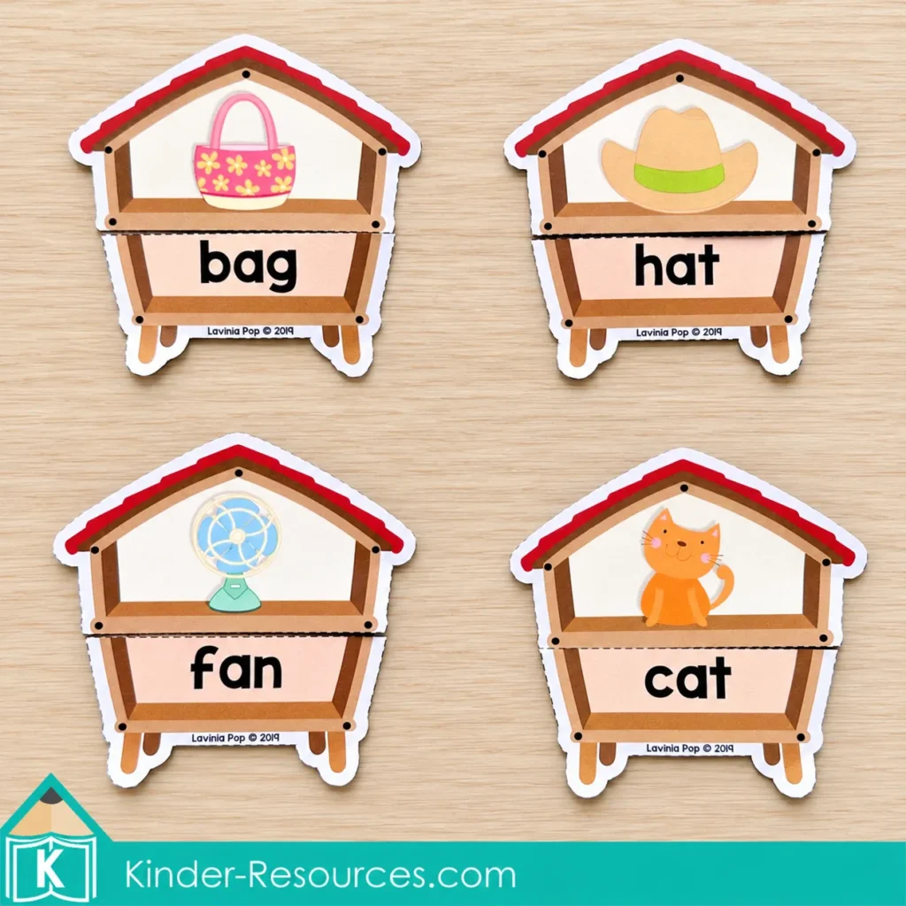 Four barn-shaped puzzles pair pictures with the CVC words bag, hat, fan, and cat.