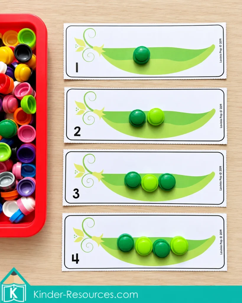 Four pea pod cards numbered one through four hold the corresponding quantities of green counters.