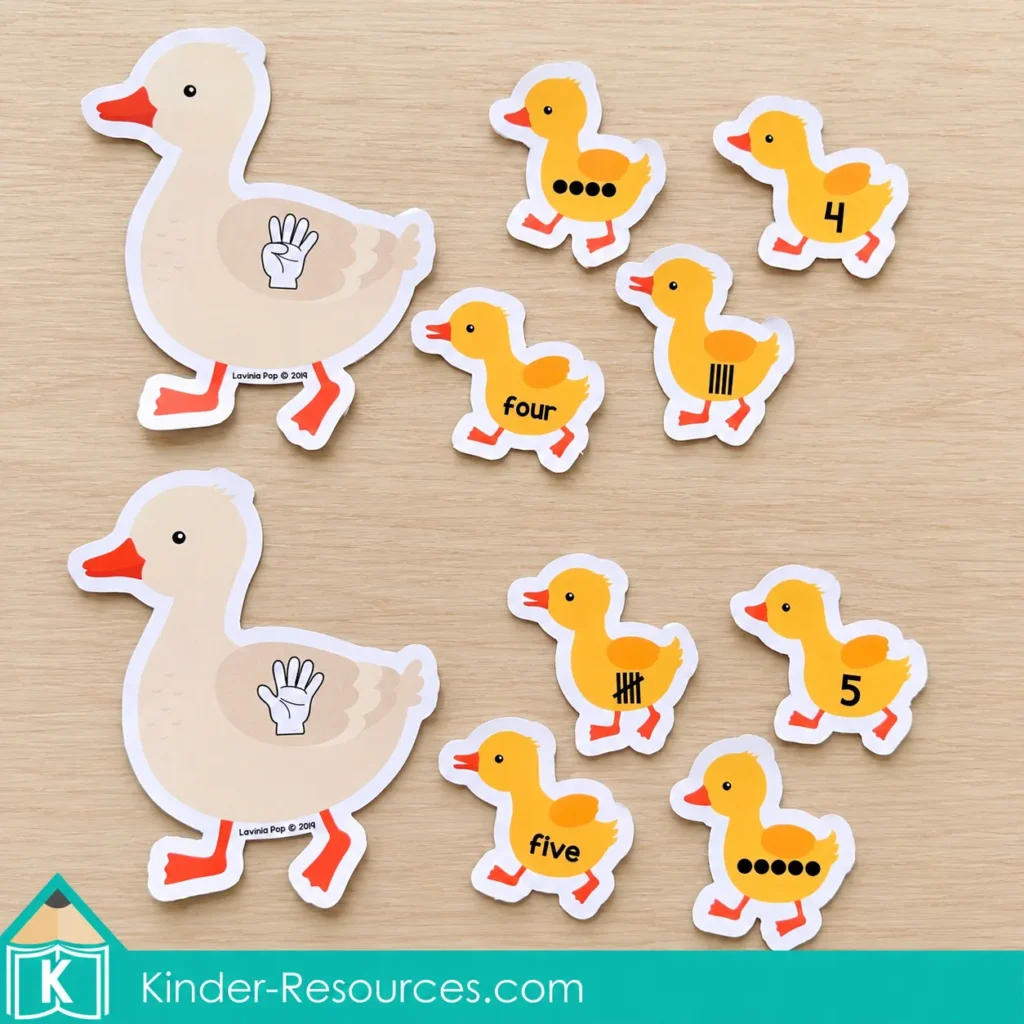 Duck and duckling cards represent four and five using finger pictures, numerals, number words, dots, and tally marks.