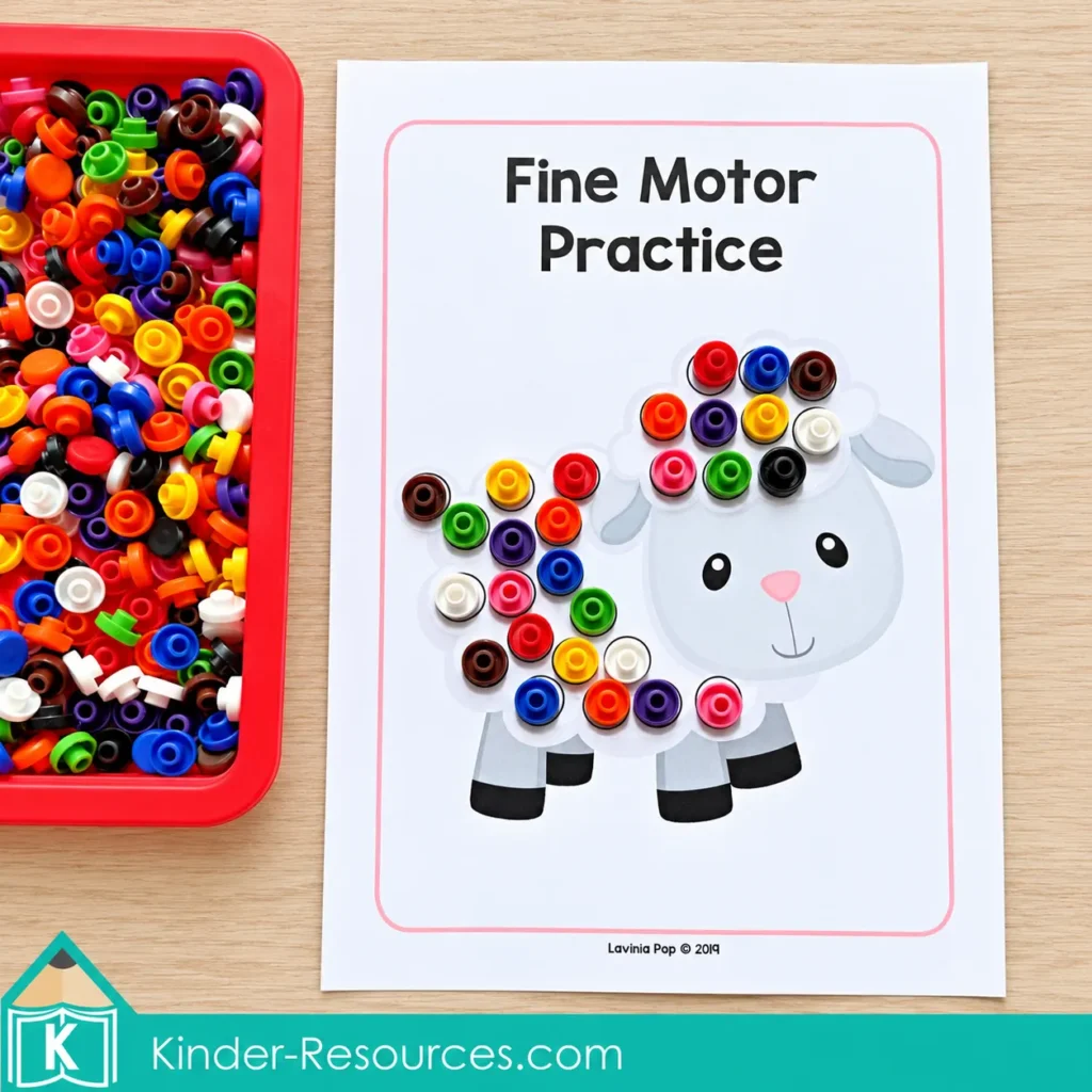 Colorful counters cover the wool on a sheep fine motor practice mat beside a red tray of counters.