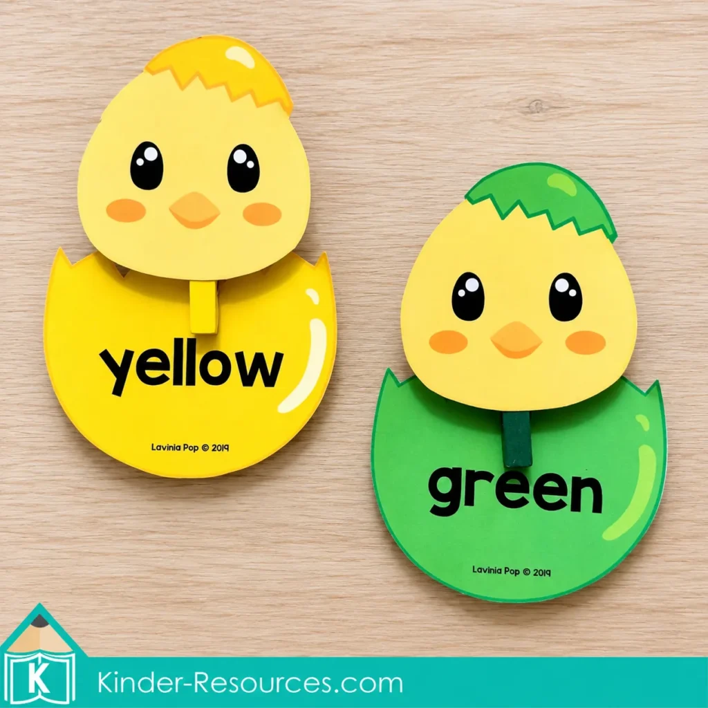 Four hatching chick cards with red, orange, yellow, and green eggs labeled with their matching color words.