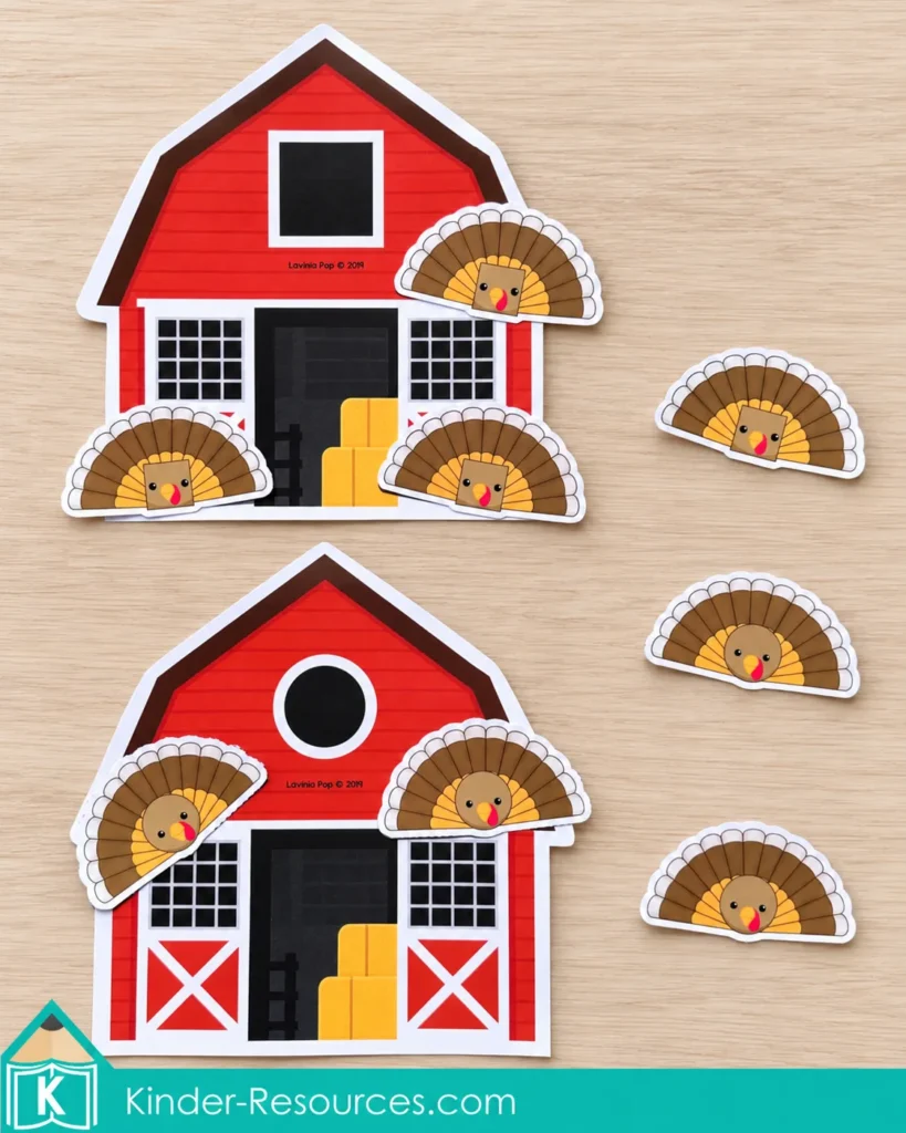 Red barns with square and circle windows surrounded by turkey cards with matching square and circle faces.