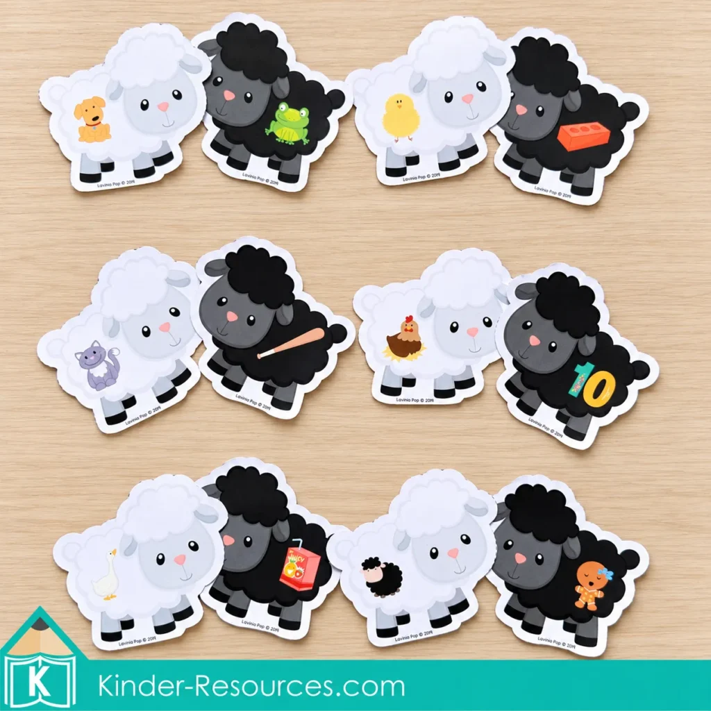 Six pairs of white and black sheep cards display rhyming pictures, including dog and frog, chick and brick, and cat and bat.