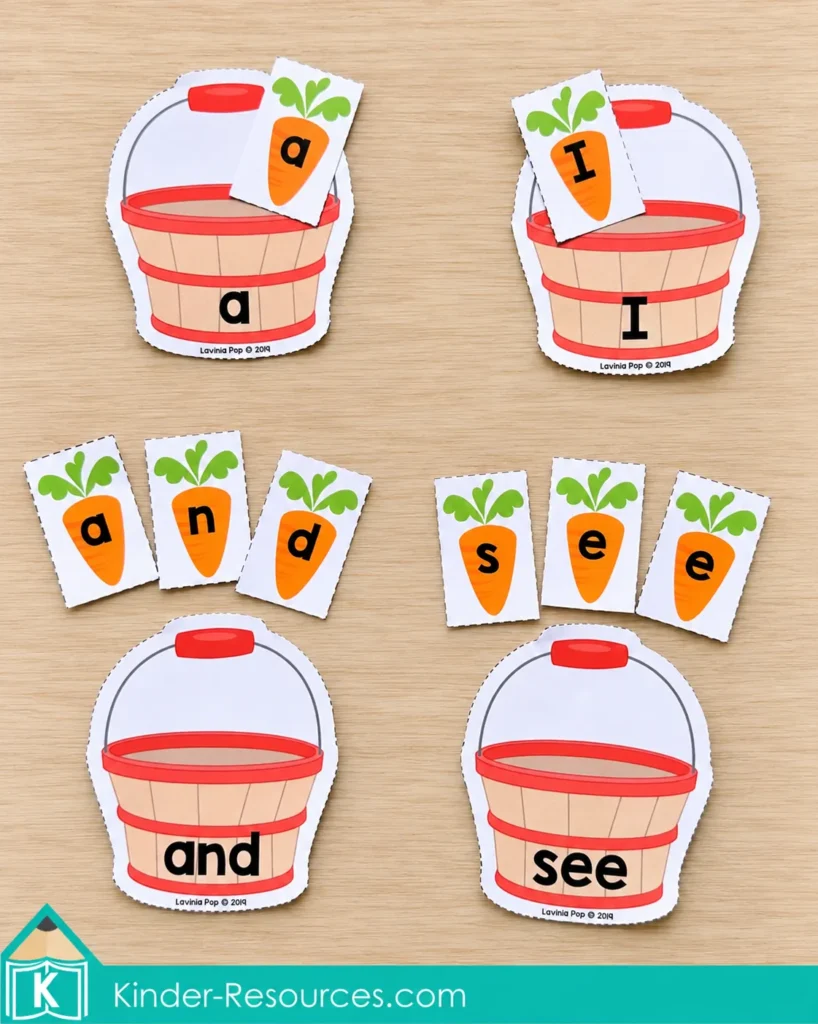 Baskets labeled a, I, and, and see are arranged with carrot letter cards spelling each sight word.