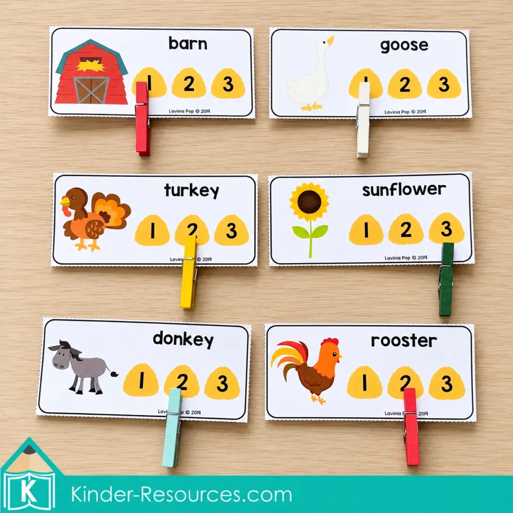 Six syllable cards show barn, goose, turkey, sunflower, donkey, and rooster, with clothespins marking one, two, or three syllables.