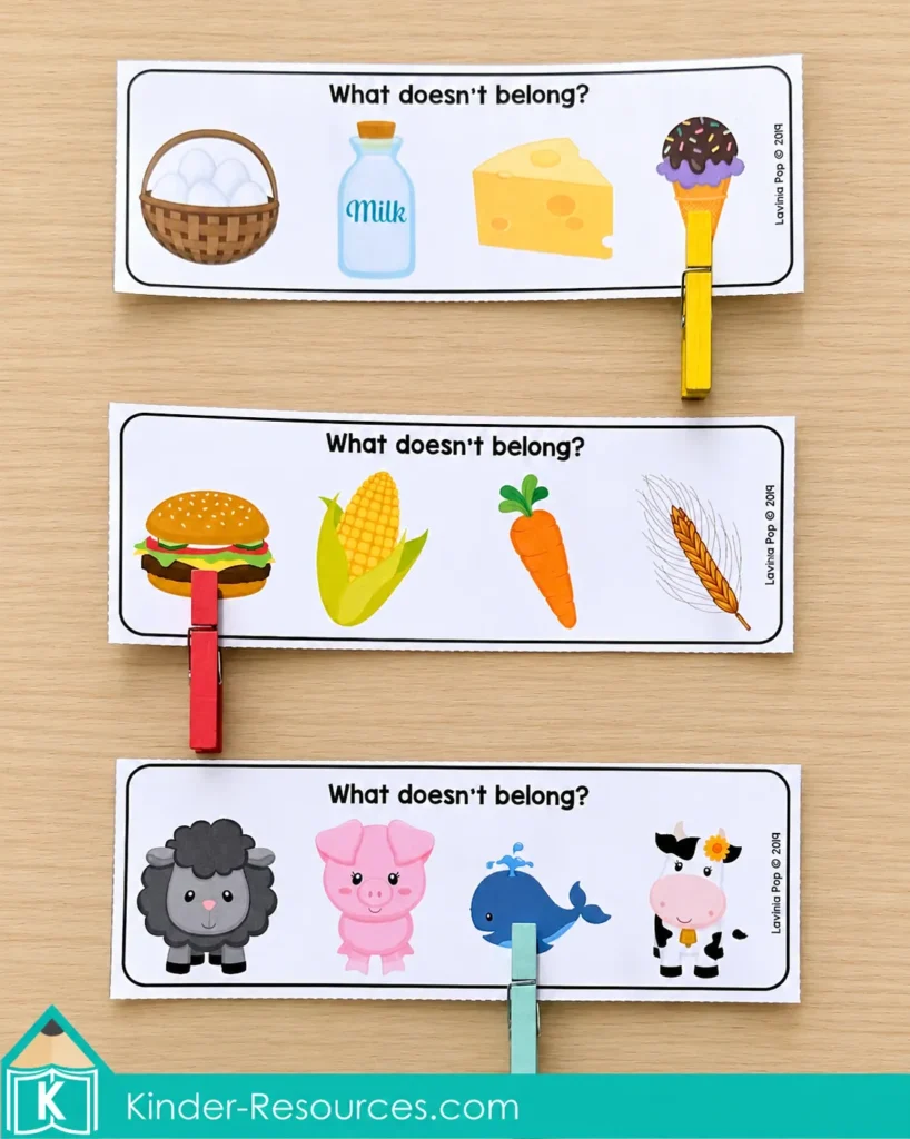 Three picture sorting cards show food and animal groups, with clothespins selecting an ice cream cone, hamburger, and whale.