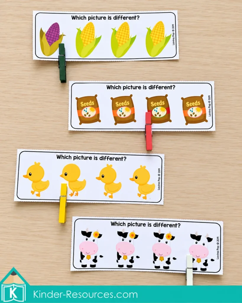 Four farm picture rows show corn, seed bags, ducklings, and cows, with clothespins marking the different picture in each row.