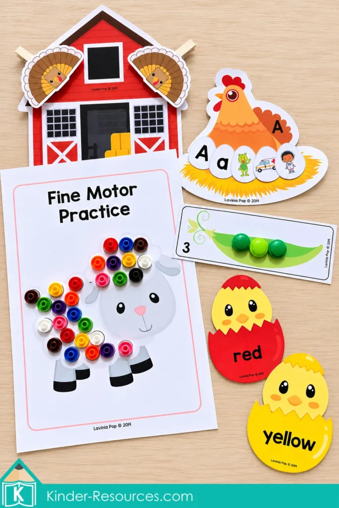 Farm activities with a sheep counter mat, alphabet chicken, turkey shape barn, pea counting card, and red and yellow chicks.