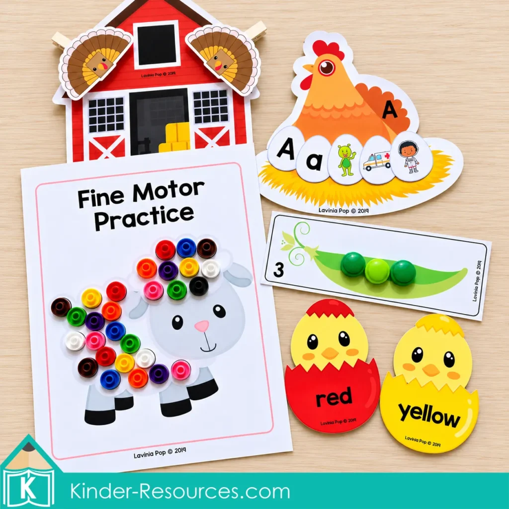 Farm activities with a sheep counter mat, alphabet chicken, turkey shape barn, pea counting card, and red and yellow chicks.
