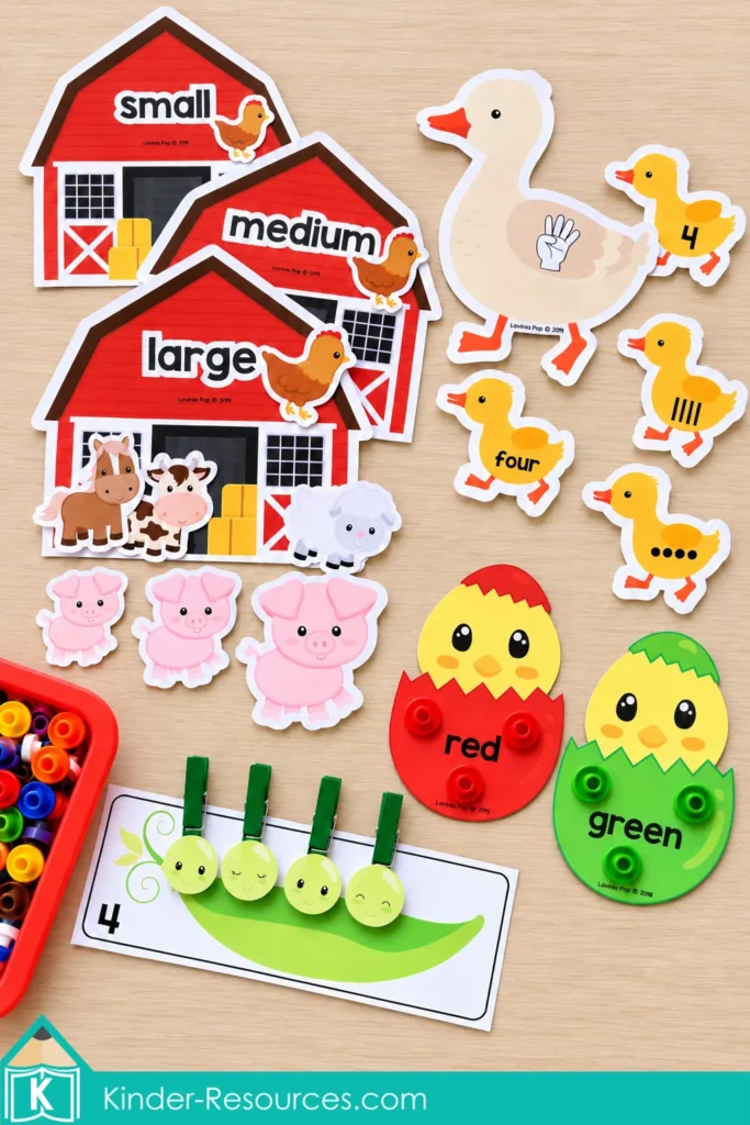 Farm math activities featuring animal size sorting barns, duck number four matching, chick color counters, and four pea clothespins on a counting card.