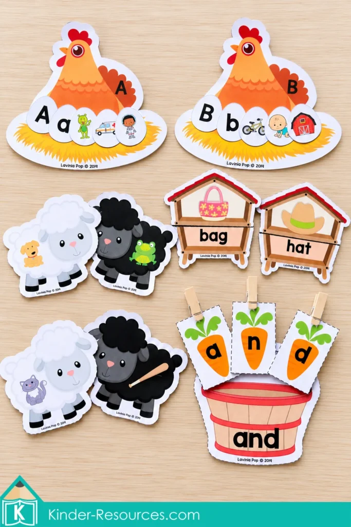 Farm literacy activities arranged together, including alphabet chickens, beginning sound eggs, rhyming sheep, CVC puzzles, and a carrot sight word basket.