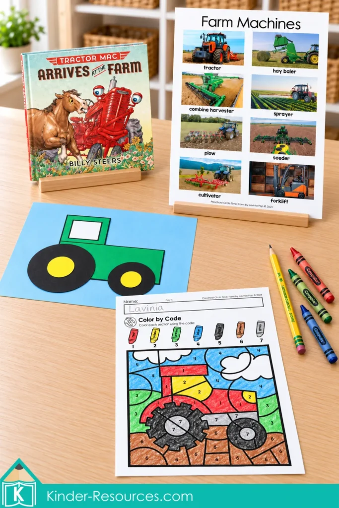 Tractor Mac Arrives at the Farm beside a Farm Machines poster, a green paper tractor craft, and a completed tractor color-by-code worksheet.