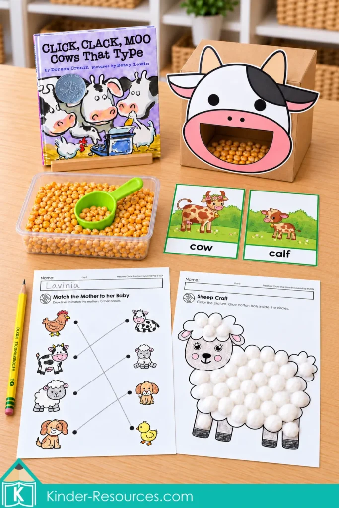 Preschool farm activities with Click, Clack, Moo, a cow feeding game, cow-and-calf cards, a completed mother-and-baby matching worksheet, and a cotton-ball sheep craft.