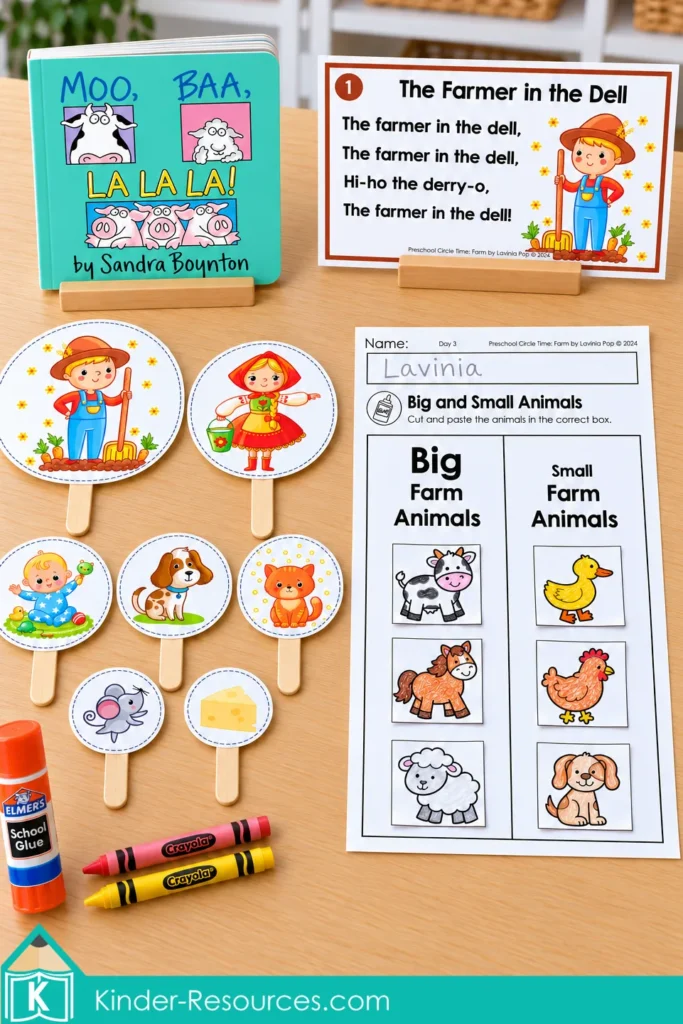 The Farmer in the Dell song poster and seven stick puppets beside Moo, Baa, La La La! and a completed big and small animal sort.