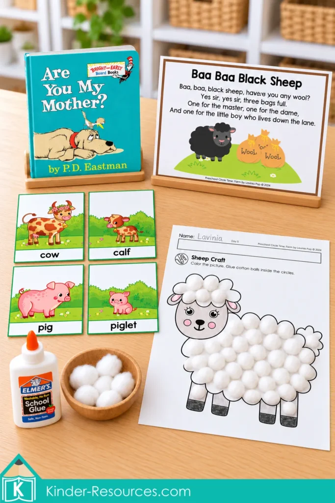 Are You My Mother? beside a Baa Baa Black Sheep song poster, cow-and-calf and pig-and-piglet cards, and a cotton-ball sheep craft.