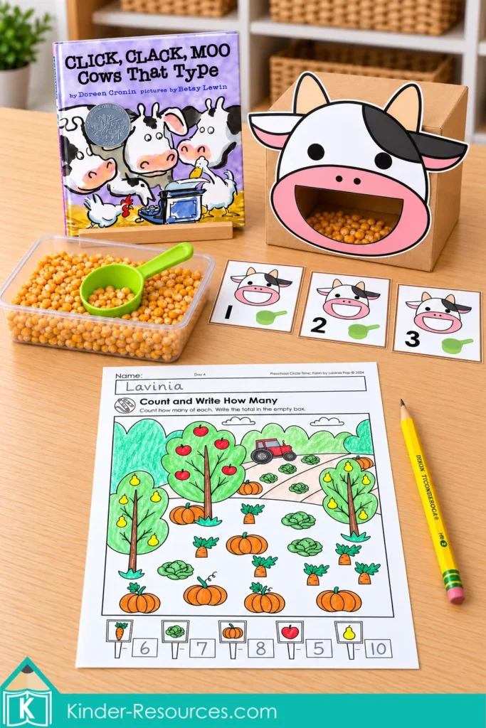 Farm circle time activities with Click, Clack, Moo, a cow feeding box, corn scoop, number cards, and a completed count-and-write worksheet.