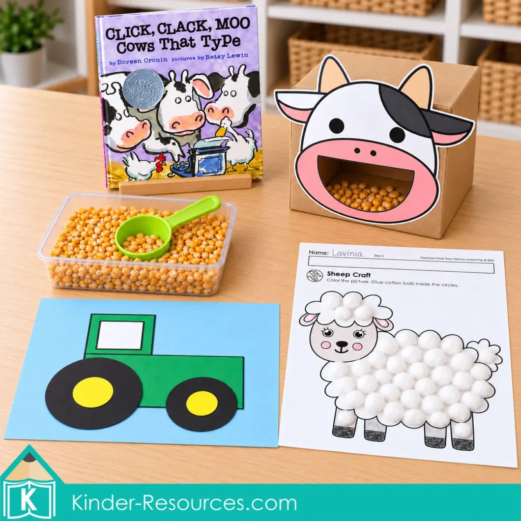 Farm circle time activities for preschool with a cow feeding game, corn scoop, green tractor craft, cotton-ball sheep, and a book.