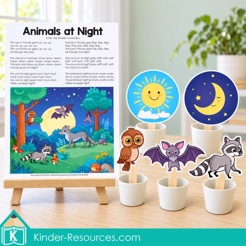 Animals at Night song poster displayed with sun, moon, owl, bat and raccoon stick puppets.