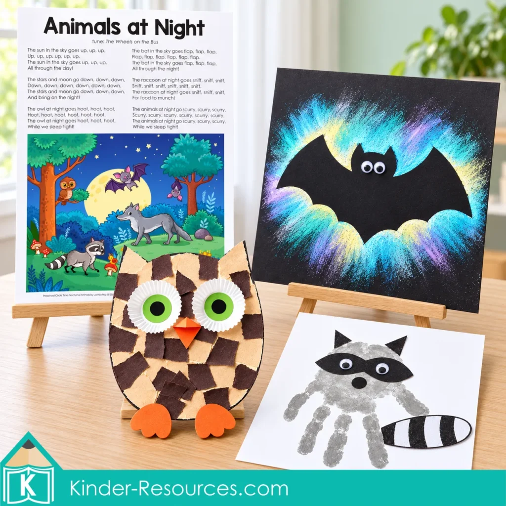 Torn-paper owl, chalk bat art and handprint raccoon displayed with the Animals at Night song poster.