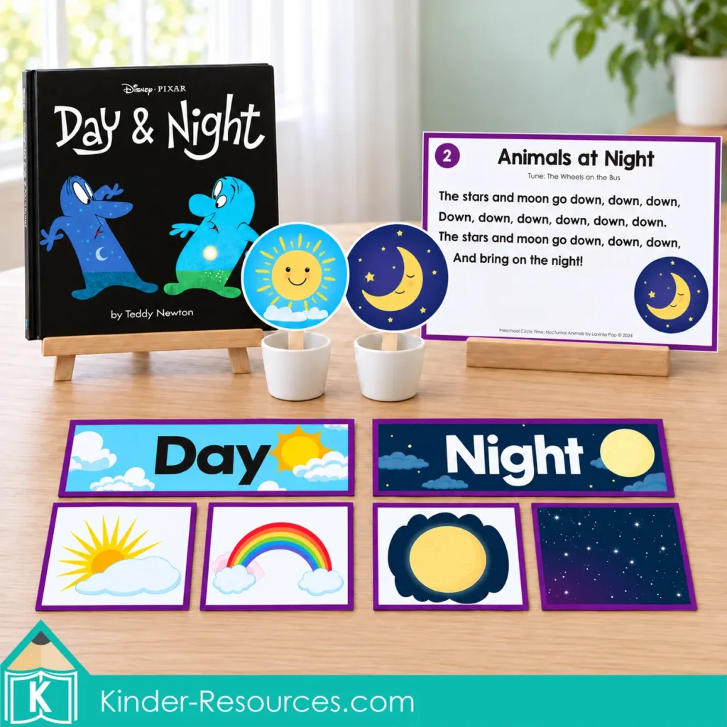 Day & Night book with sun and moon puppets, a song card and day-and-night picture sorting cards.