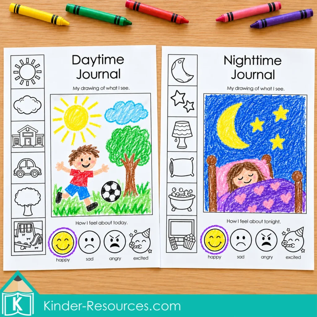 Completed daytime and nighttime journals showing outdoor play and bedtime drawings, with happy faces selected.