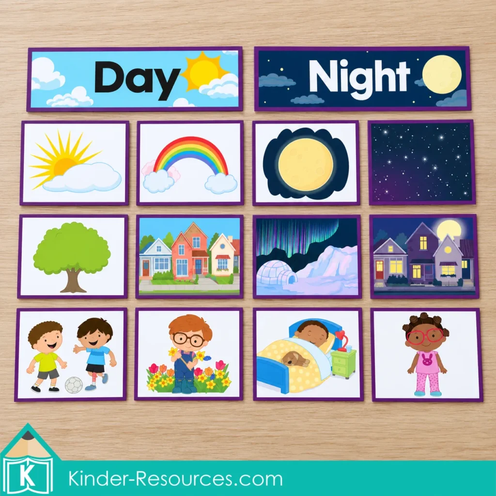 Picture cards grouped under Day and Night headings, including sunshine, a rainbow, stars, outdoor play and bedtime.