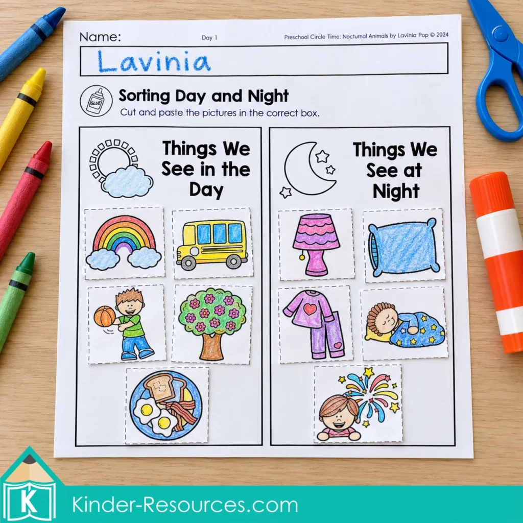 Colored cut-outs sorted into Things We See in the Day and Things We See at Night columns.