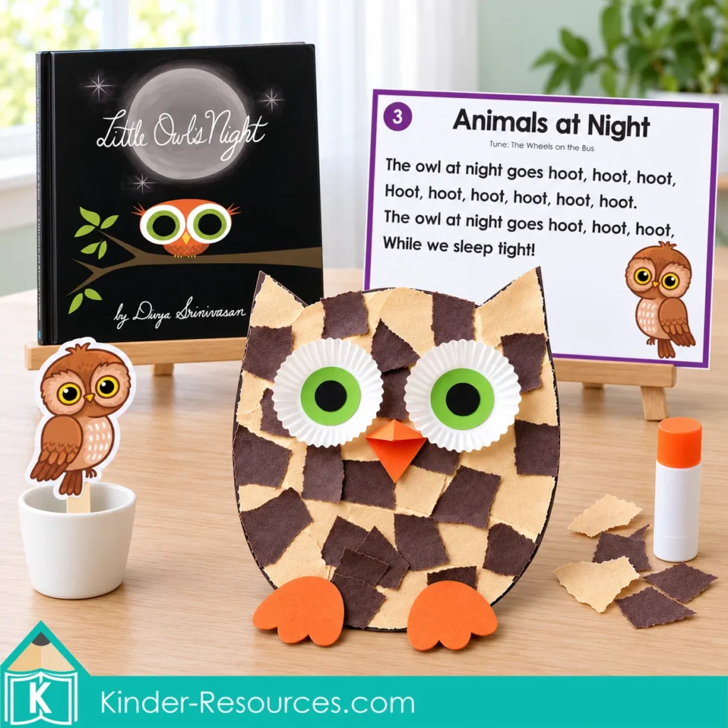 Little Owl’s Night displayed with an owl song card, stick puppet and torn-paper owl craft.
