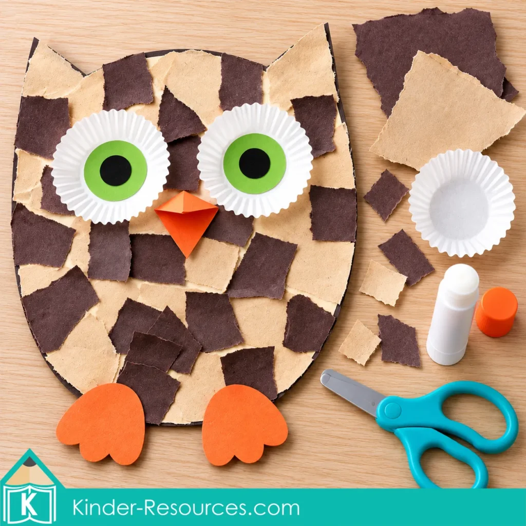 Owl craft made from torn brown and tan paper, cupcake-liner eyes and orange paper feet and beak.