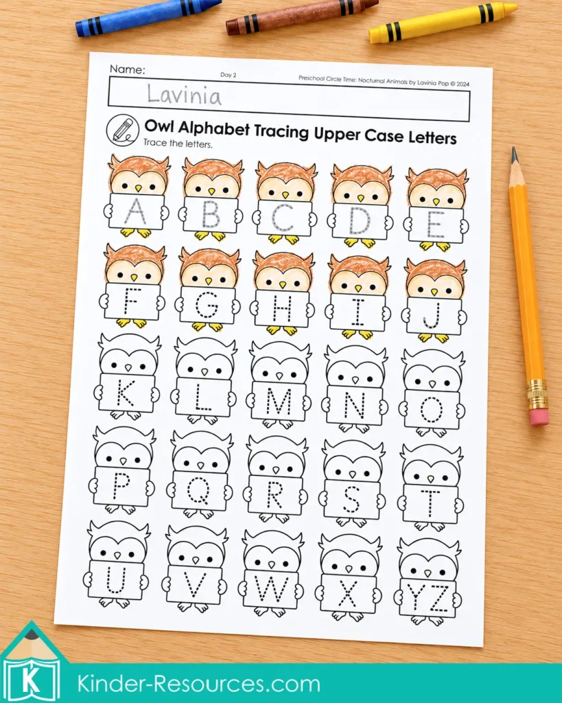 Owl alphabet worksheet with uppercase A–Z, partially colored owls and the first five letters traced in pencil.