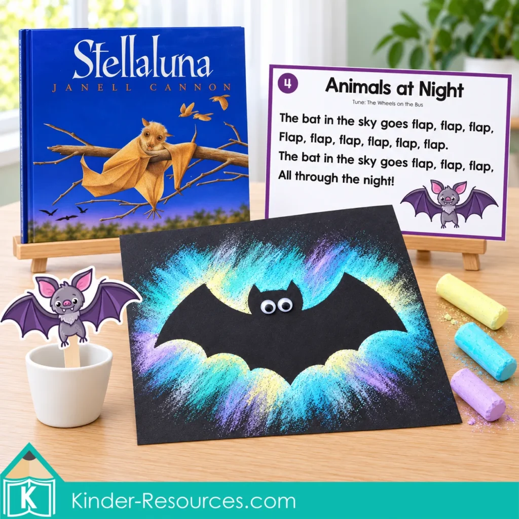 Stellaluna book displayed with a bat song card, bat stick puppet and colorful chalk bat artwork.
