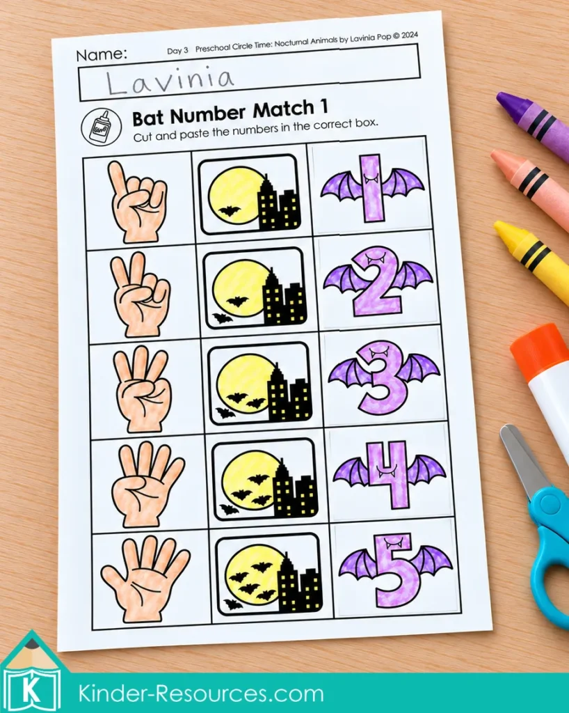 Bat number matching worksheet pairing numerals 1–5 with finger representations and matching groups of bats.
